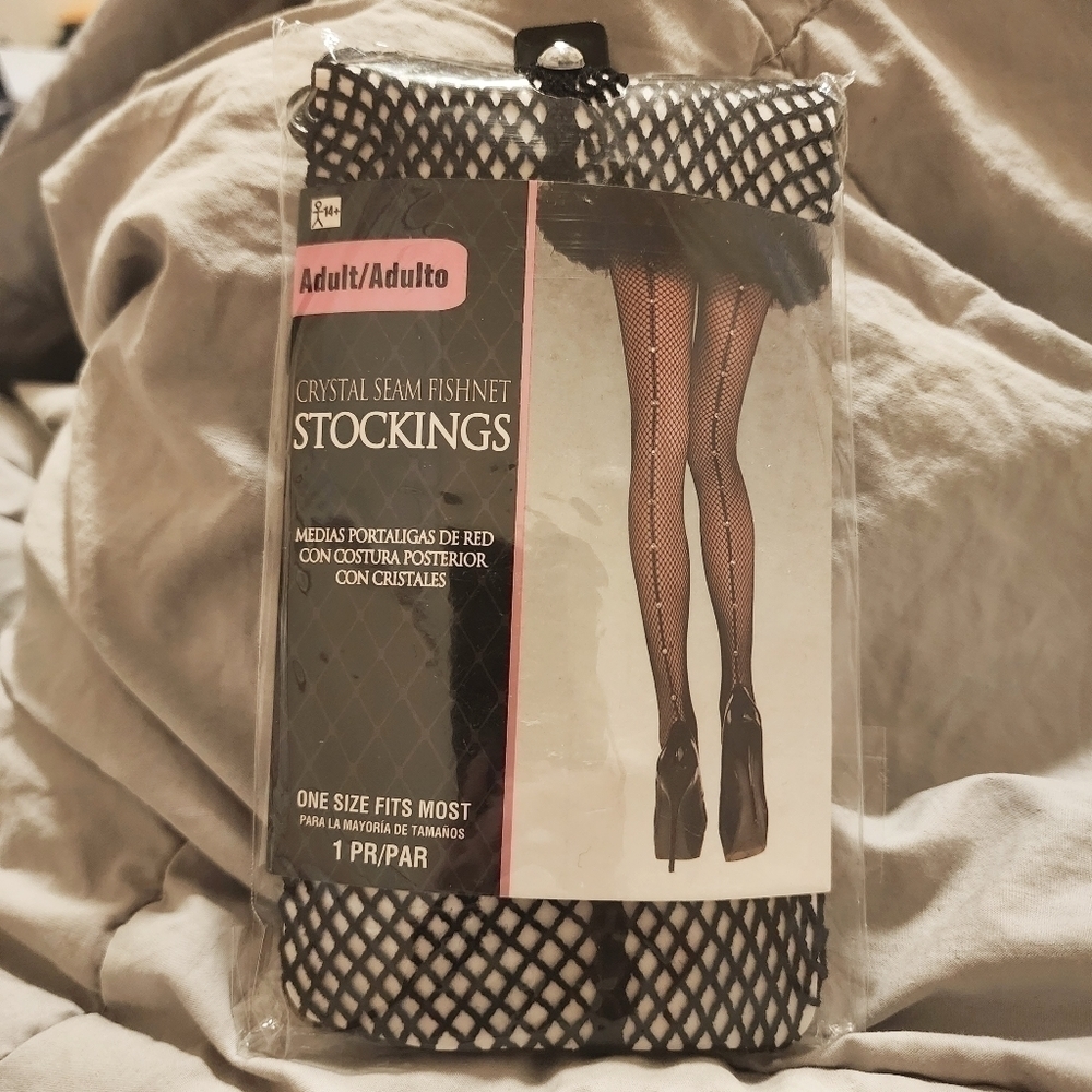NWT Crystal Seam Black Fishnet Stocking Rhinestone Studded Back One Size Regular